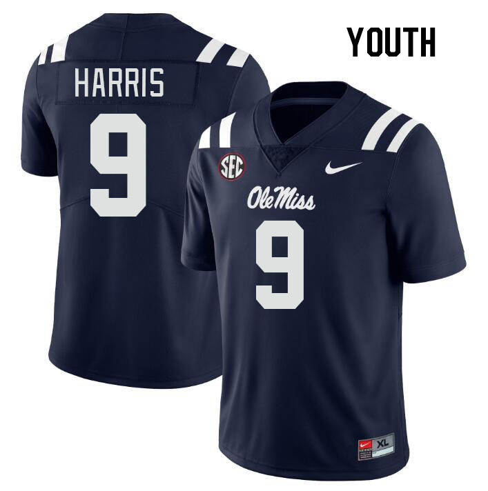 Youth #9 Tre Harris Ole Miss Rebels College Football Jerseys Stitched Sale-Navy